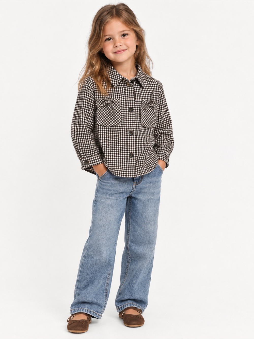 Zara Brown Gingham Button Down Kids Shirt with Bows